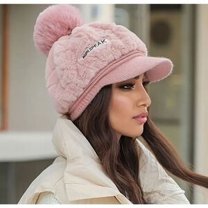 1 LEFT!! Pink Plush Pom-Pom Visor Beret Hat-One Size